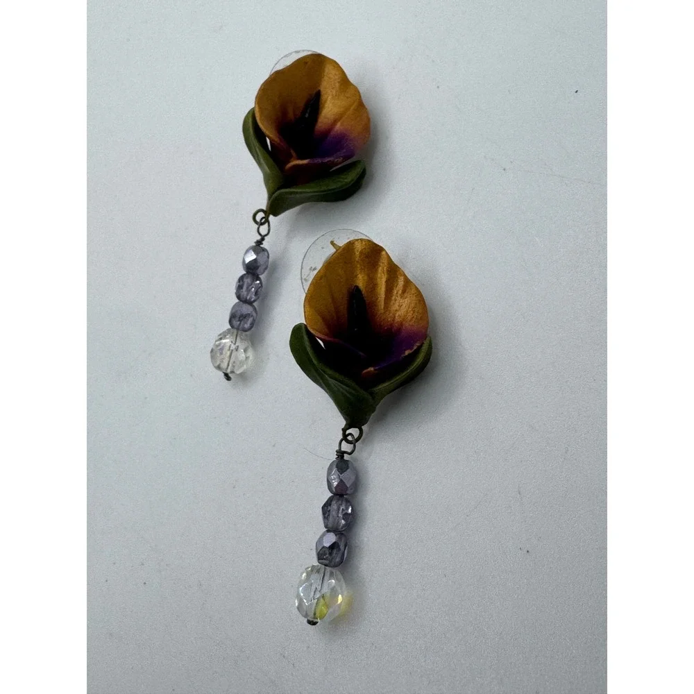 Handcrafted Calla Lily Floral Brooch and Drop Earrings Jewelry Set Purple Gold